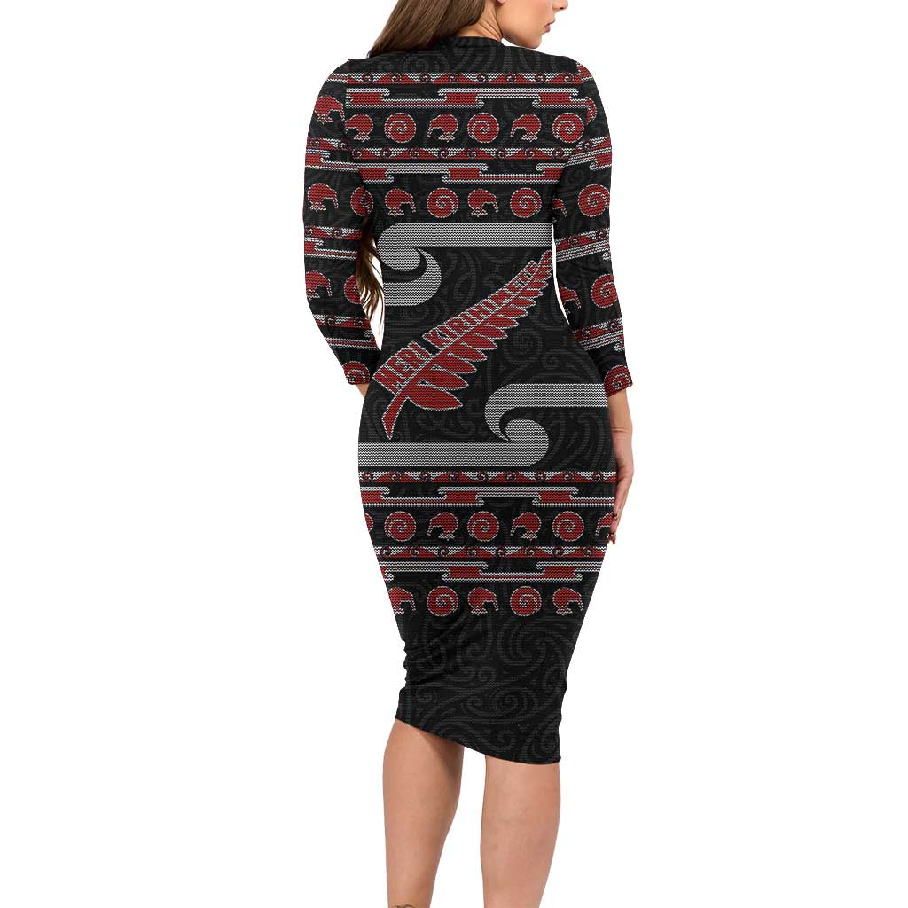New Zealand Christmas Family Matching Long Sleeve Bodycon Dress and Hawaiian Shirt Meri Kirihimete Silver Fern Knit Style Red Color LT03 - Polynesian Pride