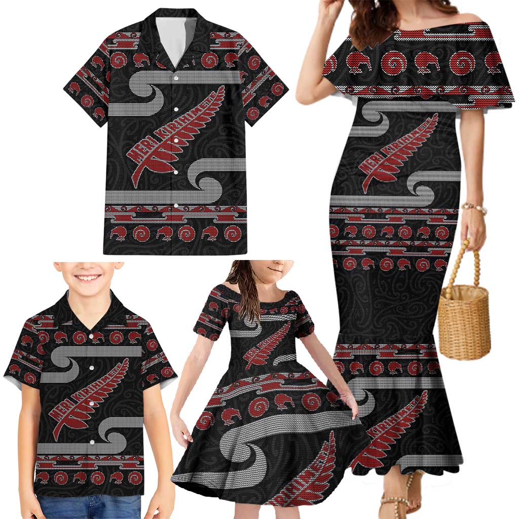 New Zealand Christmas Family Matching Mermaid Dress and Hawaiian Shirt Meri Kirihimete Silver Fern Knit Style Red Color LT03 - Polynesian Pride