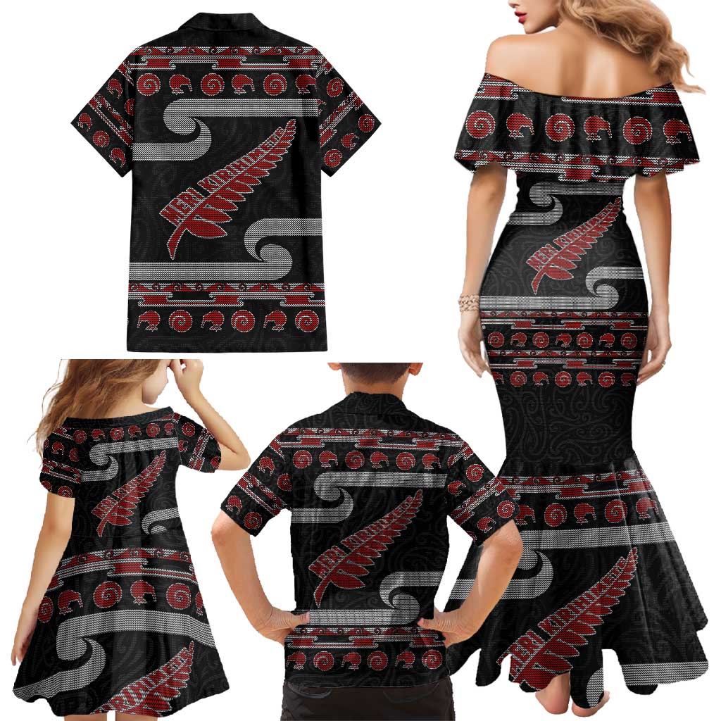 New Zealand Christmas Family Matching Mermaid Dress and Hawaiian Shirt Meri Kirihimete Silver Fern Knit Style Red Color LT03 - Polynesian Pride