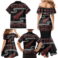 New Zealand Christmas Family Matching Mermaid Dress and Hawaiian Shirt Meri Kirihimete Silver Fern Knit Style Red Color LT03 - Polynesian Pride