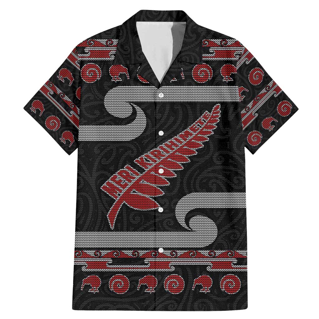 New Zealand Christmas Family Matching Mermaid Dress and Hawaiian Shirt Meri Kirihimete Silver Fern Knit Style Red Color LT03 Dad's Shirt - Short Sleeve Red - Polynesian Pride