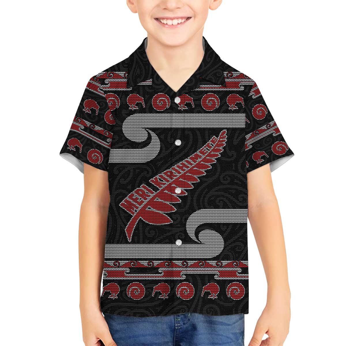 New Zealand Christmas Family Matching Off The Shoulder Long Sleeve Dress and Hawaiian Shirt Meri Kirihimete Silver Fern Knit Style Red Color - Polynesian Pride