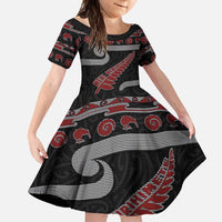 New Zealand Christmas Family Matching Off Shoulder Maxi Dress and Hawaiian Shirt Meri Kirihimete Silver Fern Knit Style Red Color LT03 Daughter's Dress Red - Polynesian Pride