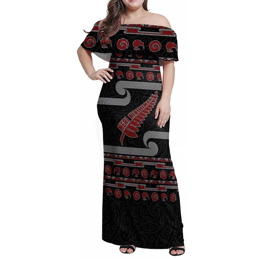 New Zealand Christmas Family Matching Off Shoulder Maxi Dress and Hawaiian Shirt Meri Kirihimete Silver Fern Knit Style Red Color LT03 Mom's Dress Red - Polynesian Pride