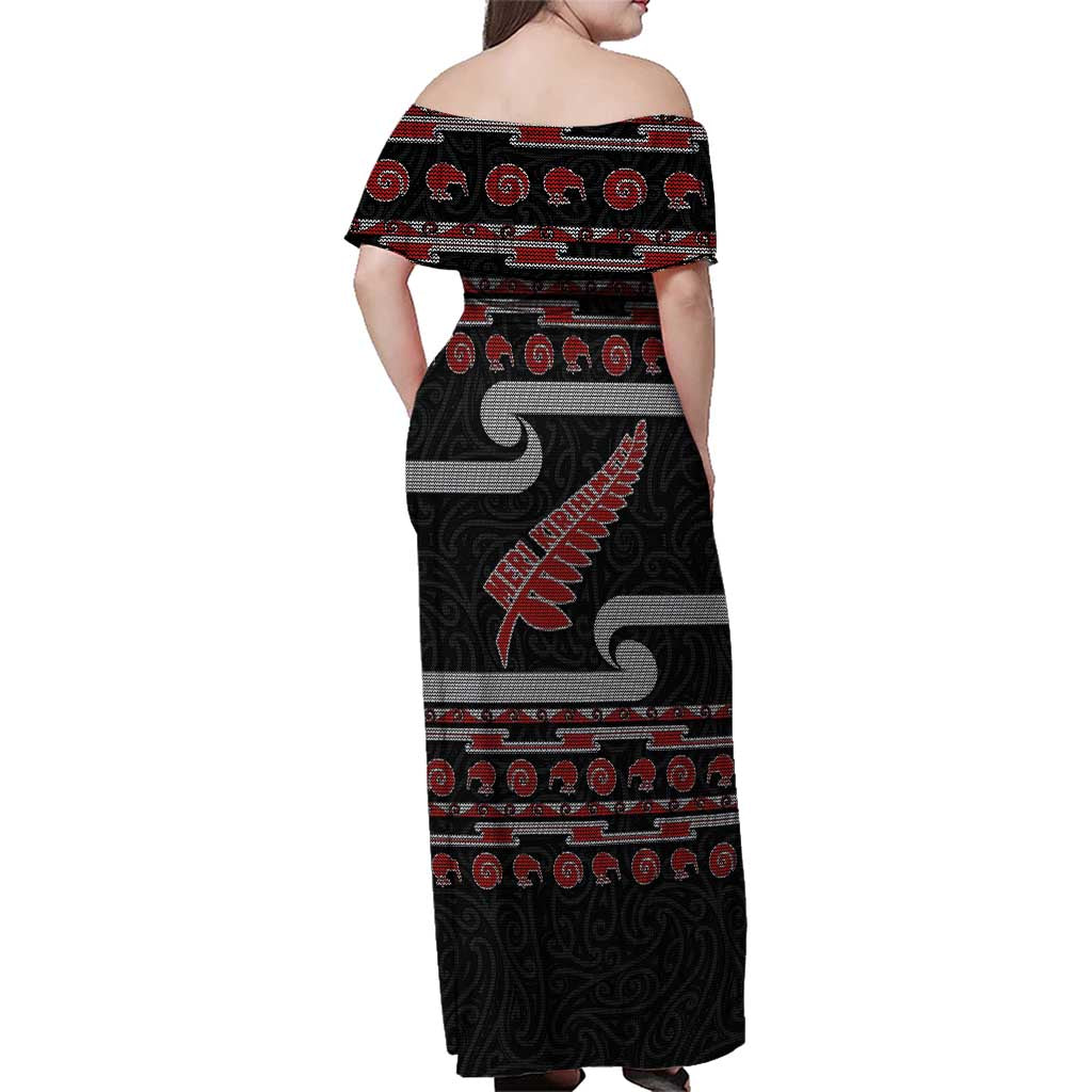 New Zealand Christmas Family Matching Off Shoulder Maxi Dress and Hawaiian Shirt Meri Kirihimete Silver Fern Knit Style Red Color LT03 - Polynesian Pride