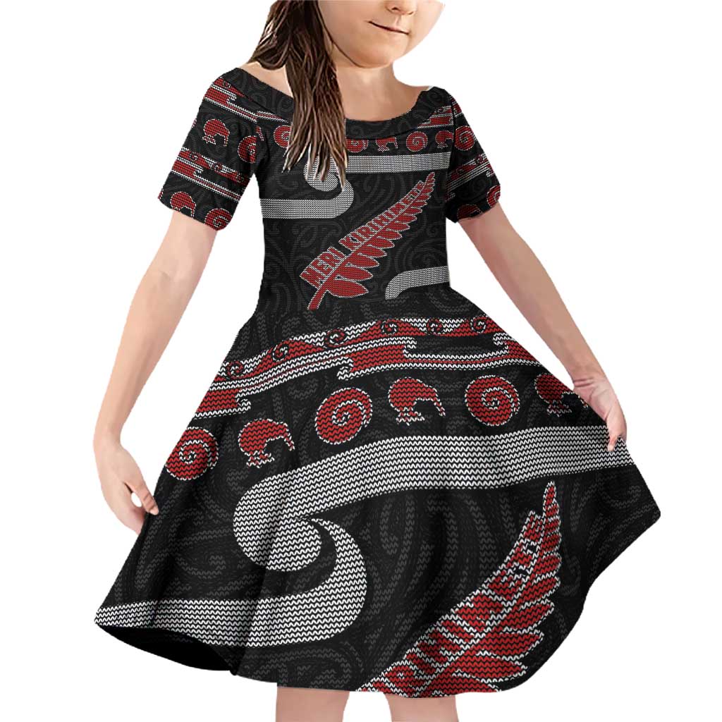 New Zealand Christmas Family Matching Off Shoulder Short Dress and Hawaiian Shirt Meri Kirihimete Silver Fern Knit Style Red Color LT03 Daughter's Dress Red - Polynesian Pride