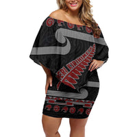 New Zealand Christmas Family Matching Off Shoulder Short Dress and Hawaiian Shirt Meri Kirihimete Silver Fern Knit Style Red Color LT03 Mom's Dress Red - Polynesian Pride