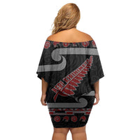 New Zealand Christmas Family Matching Off Shoulder Short Dress and Hawaiian Shirt Meri Kirihimete Silver Fern Knit Style Red Color LT03 - Polynesian Pride