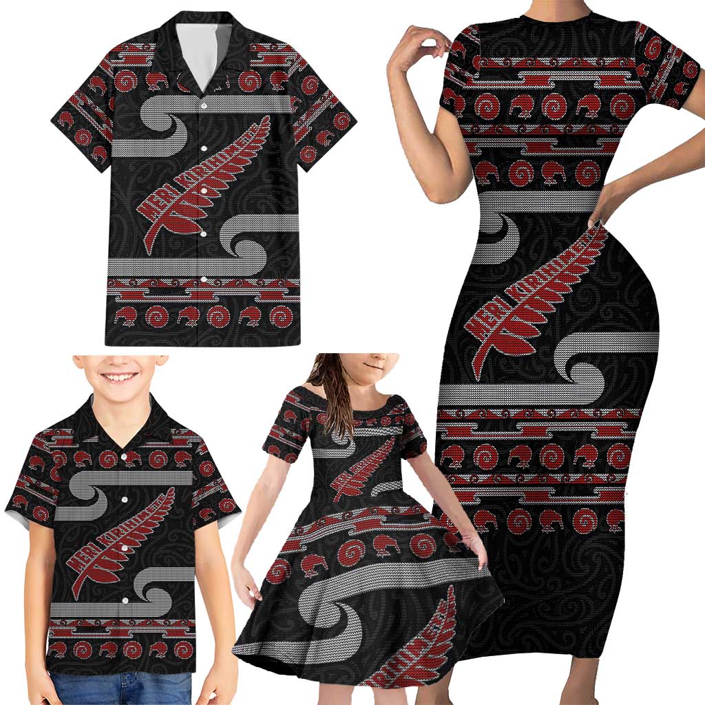 New Zealand Christmas Family Matching Short Sleeve Bodycon Dress and Hawaiian Shirt Meri Kirihimete Silver Fern Knit Style Red Color LT03 - Polynesian Pride