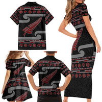 New Zealand Christmas Family Matching Short Sleeve Bodycon Dress and Hawaiian Shirt Meri Kirihimete Silver Fern Knit Style Red Color LT03 - Polynesian Pride