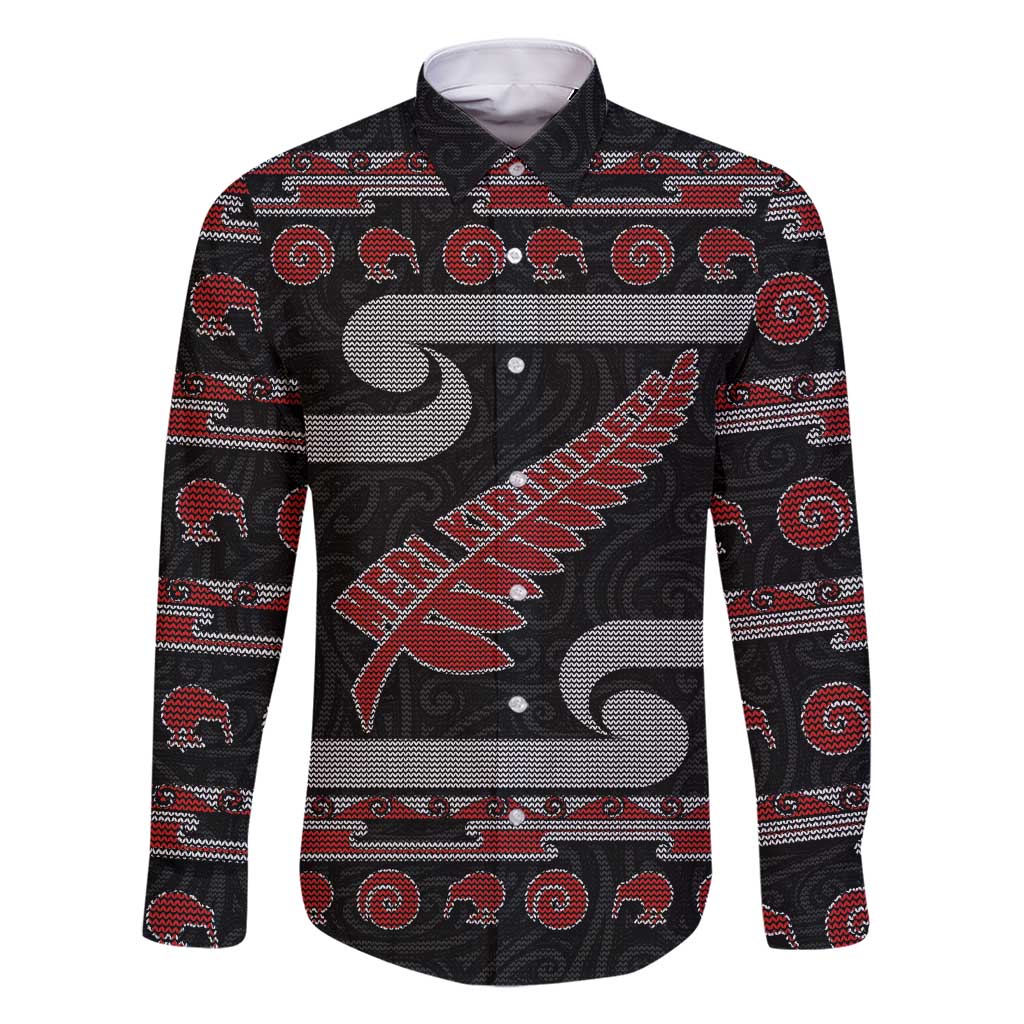 New Zealand Christmas Family Matching Short Sleeve Bodycon Dress and Hawaiian Shirt Meri Kirihimete Silver Fern Knit Style Red Color LT03 Dad's Shirt - Long Sleeve Red - Polynesian Pride