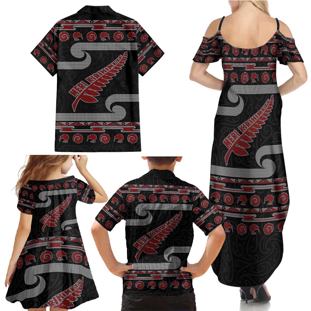 New Zealand Christmas Family Matching Summer Maxi Dress and Hawaiian Shirt Meri Kirihimete Silver Fern Knit Style Red Color LT03 - Polynesian Pride
