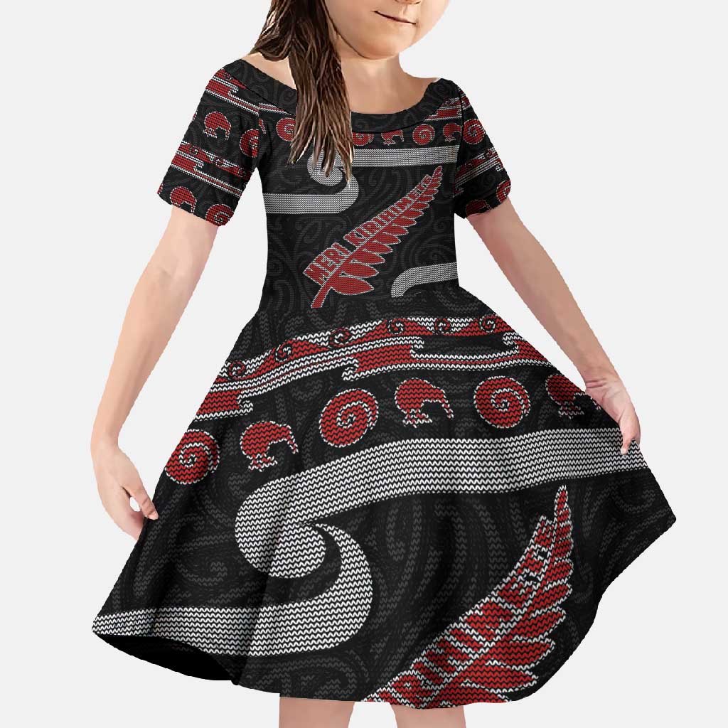 New Zealand Christmas Family Matching Tank Maxi Dress and Hawaiian Shirt Meri Kirihimete Silver Fern Knit Style Red Color LT03 Daughter's Dress Red - Polynesian Pride