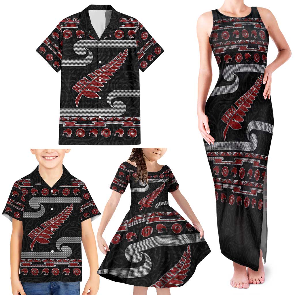 New Zealand Christmas Family Matching Tank Maxi Dress and Hawaiian Shirt Meri Kirihimete Silver Fern Knit Style Red Color LT03 - Polynesian Pride