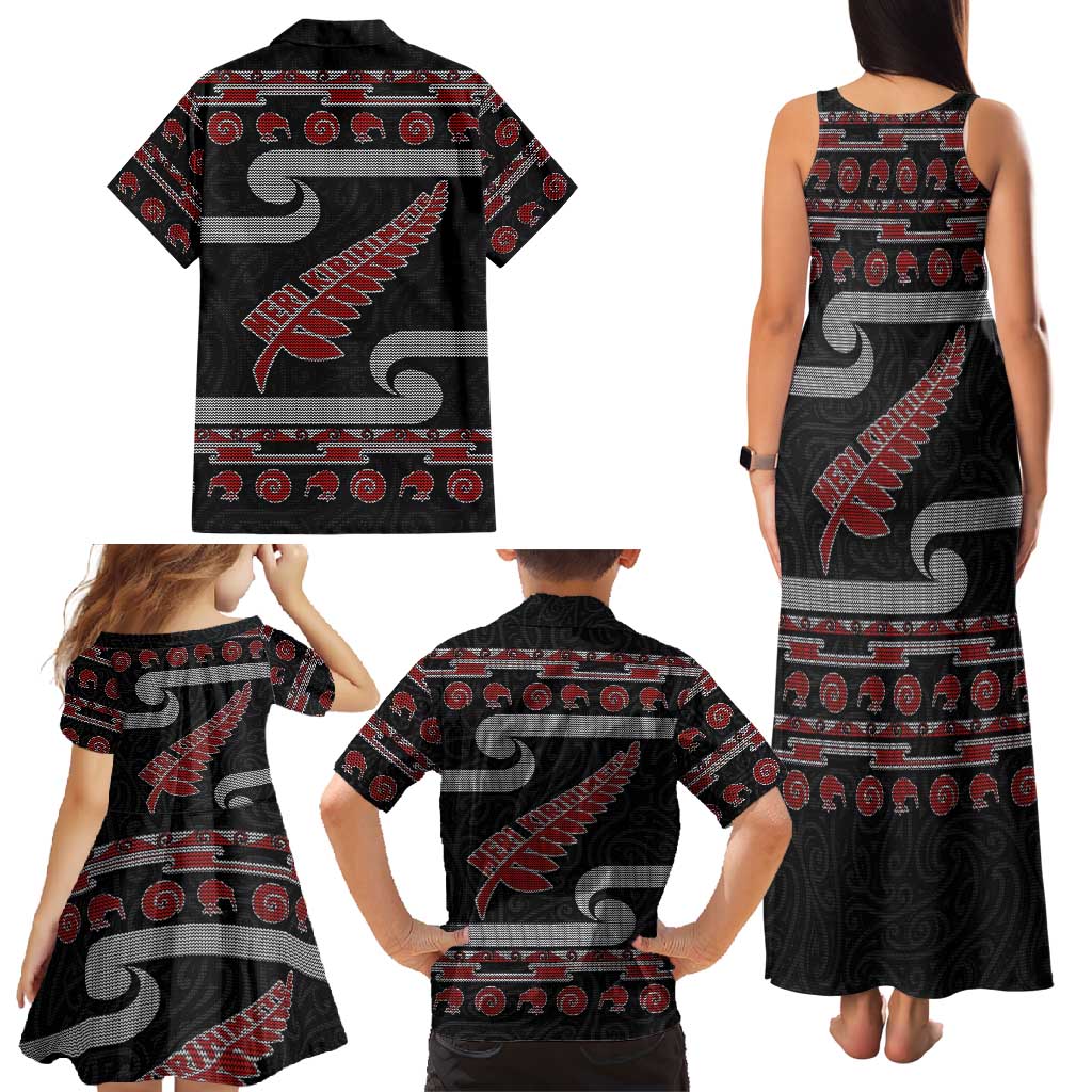 New Zealand Christmas Family Matching Tank Maxi Dress and Hawaiian Shirt Meri Kirihimete Silver Fern Knit Style Red Color LT03 - Polynesian Pride