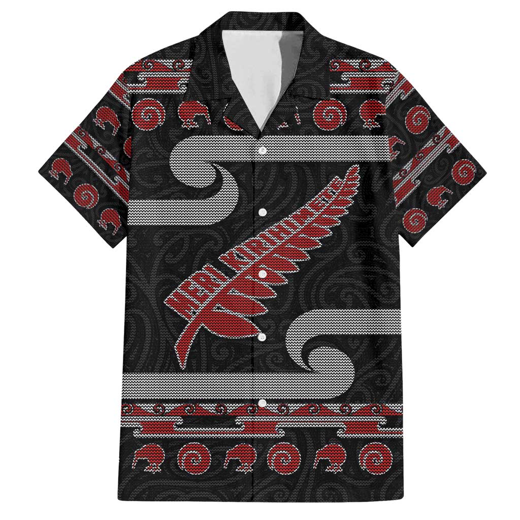 New Zealand Christmas Family Matching Tank Maxi Dress and Hawaiian Shirt Meri Kirihimete Silver Fern Knit Style Red Color LT03 Dad's Shirt - Short Sleeve Red - Polynesian Pride