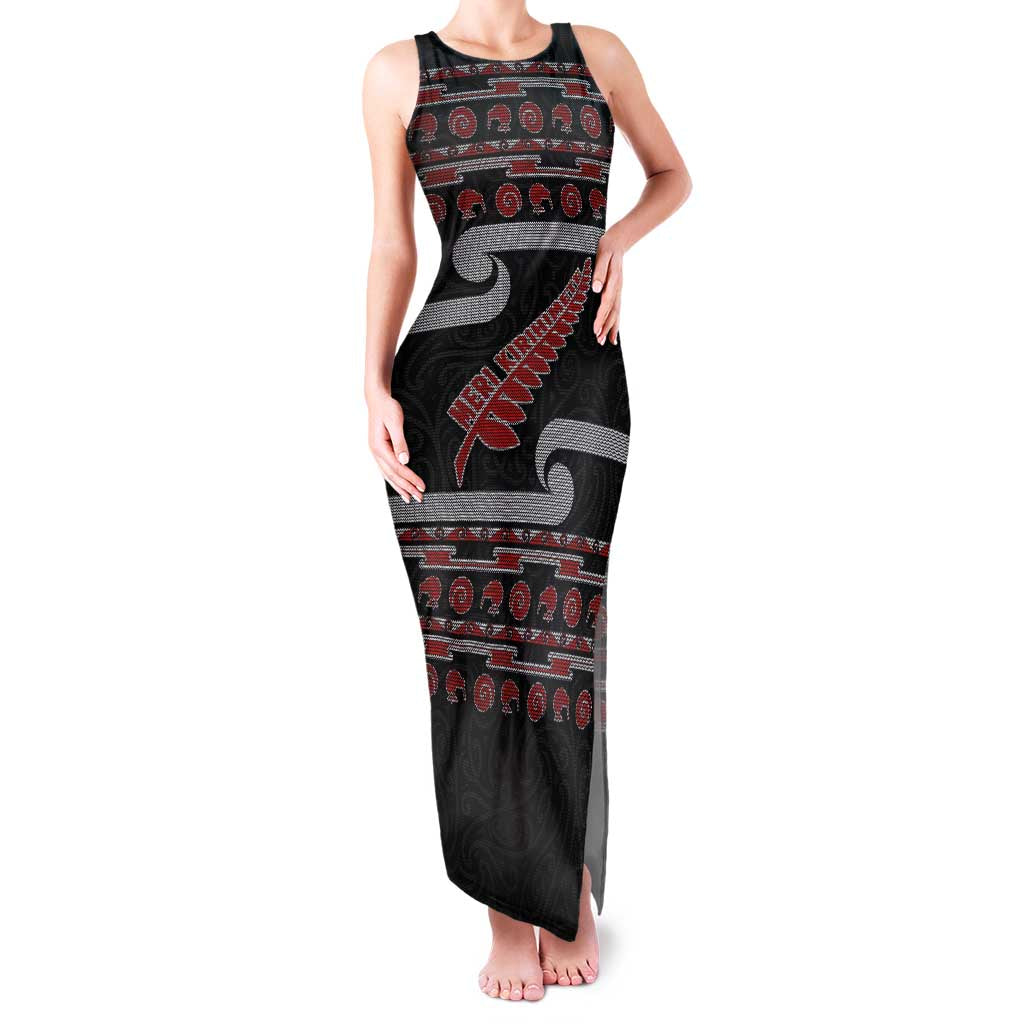 New Zealand Christmas Family Matching Tank Maxi Dress and Hawaiian Shirt Meri Kirihimete Silver Fern Knit Style Red Color LT03 Mom's Dress Red - Polynesian Pride