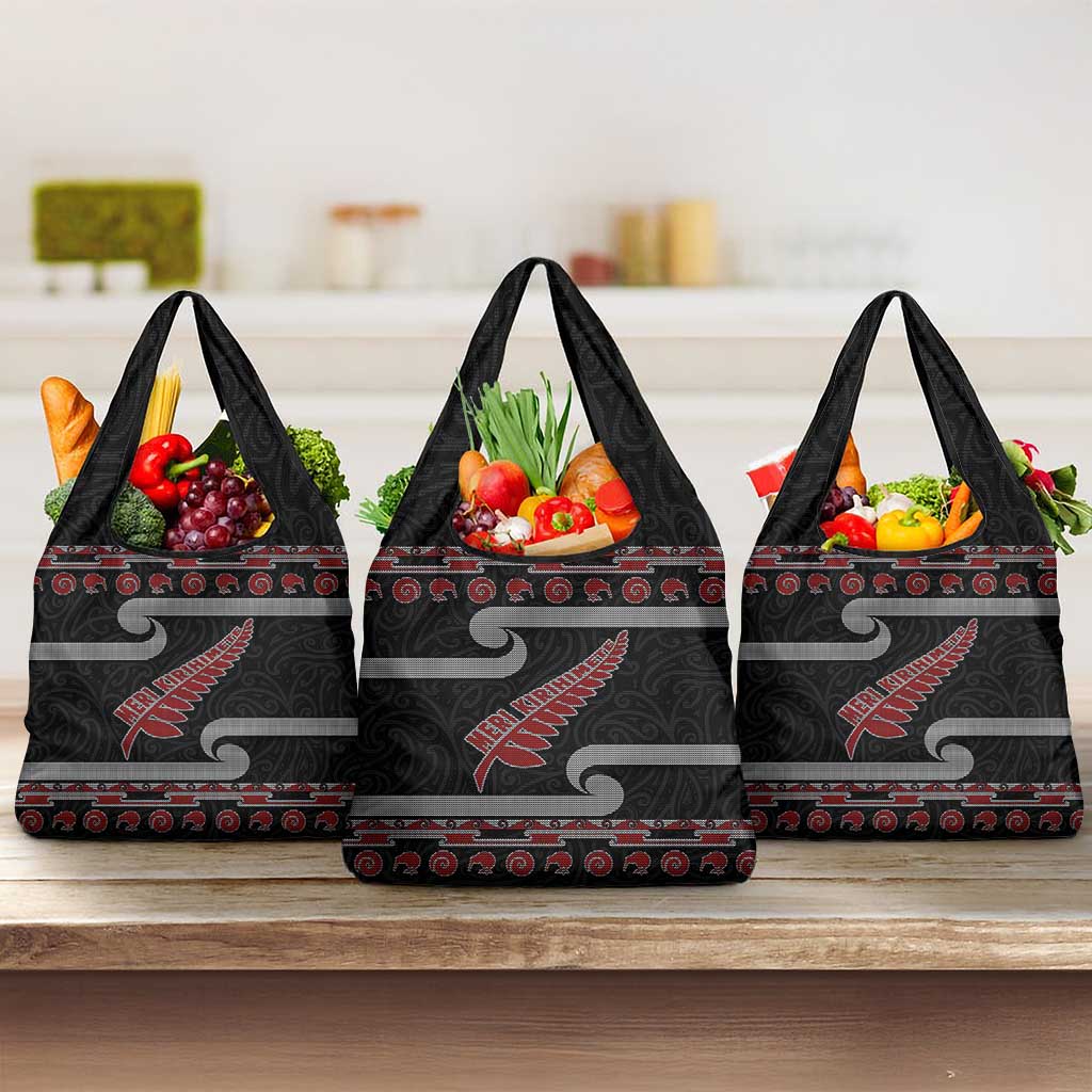 New Zealand Christmas Grocery Bag Meri Kirihimete Silver Fern Knit Style Red Color LT03 3-pack One Size Red - Polynesian Pride