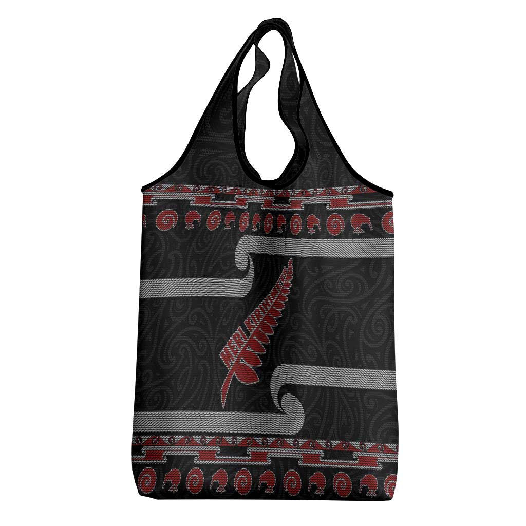 New Zealand Christmas Grocery Bag Meri Kirihimete Silver Fern Knit Style Red Color LT03 - Polynesian Pride