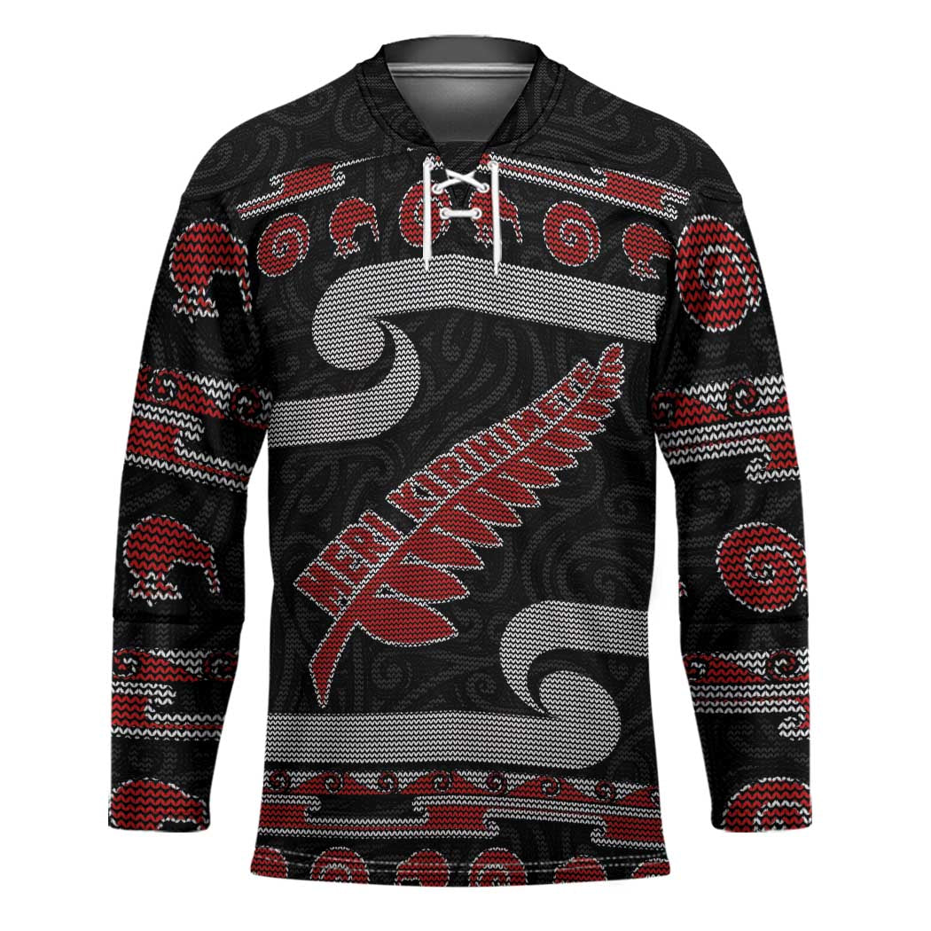 New Zealand Christmas Hockey Jersey Meri Kirihimete Silver Fern Knit Style Red Color LT03 Unisex Red - Polynesian Pride