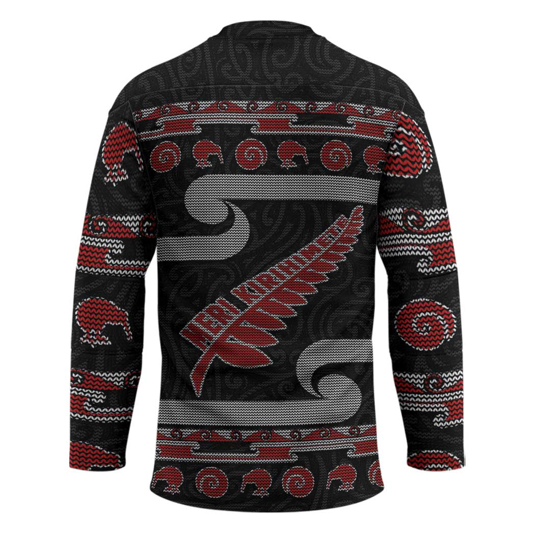 New Zealand Christmas Hockey Jersey Meri Kirihimete Silver Fern Knit Style Red Color LT03 - Polynesian Pride