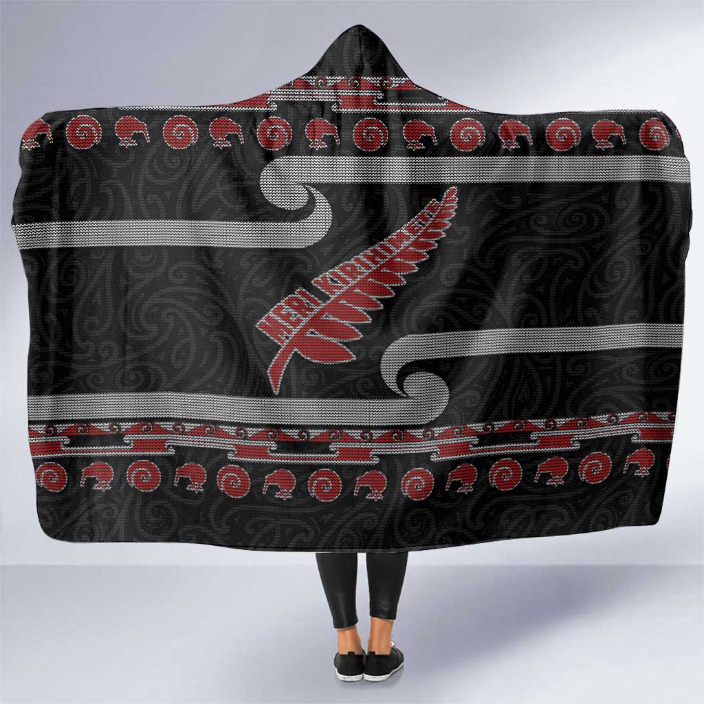 New Zealand Christmas Hooded Blanket Meri Kirihimete Silver Fern Knit Style Red Color - Polynesian Pride