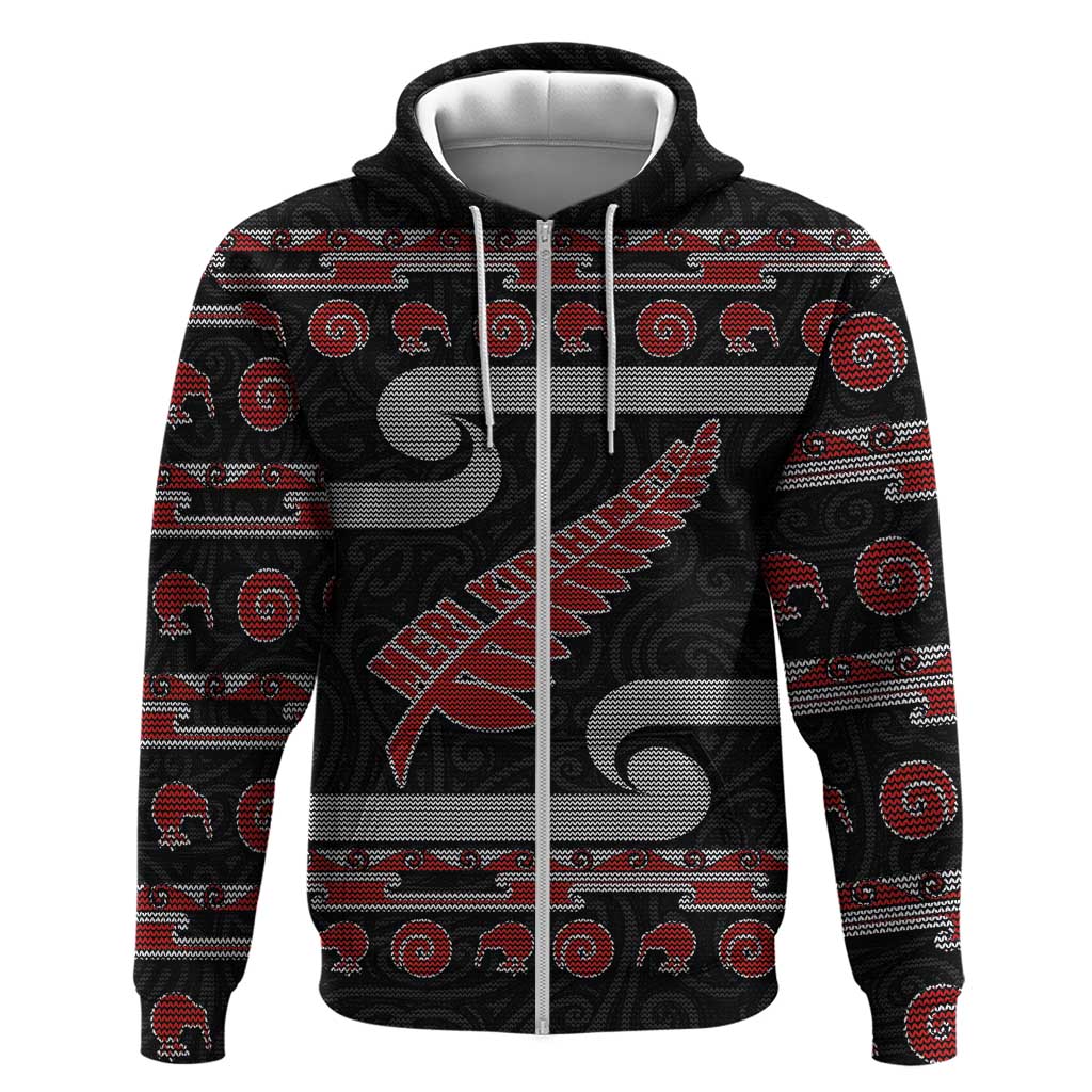 New Zealand Christmas Hoodie Meri Kirihimete Silver Fern Knit Style Red Color LT03 Zip Hoodie Red - Polynesian Pride