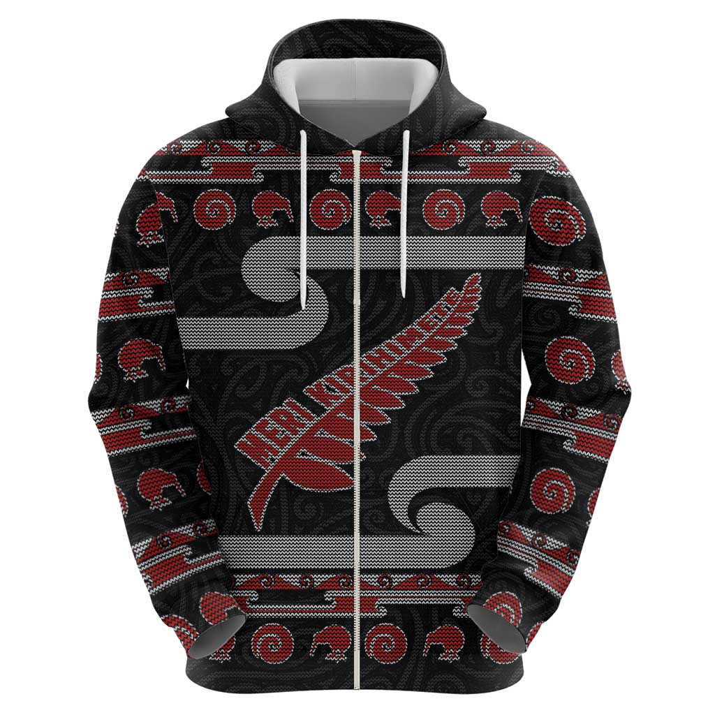 New Zealand Christmas Hoodie Meri Kirihimete Silver Fern Knit Style Red Color LT03 - Polynesian Pride