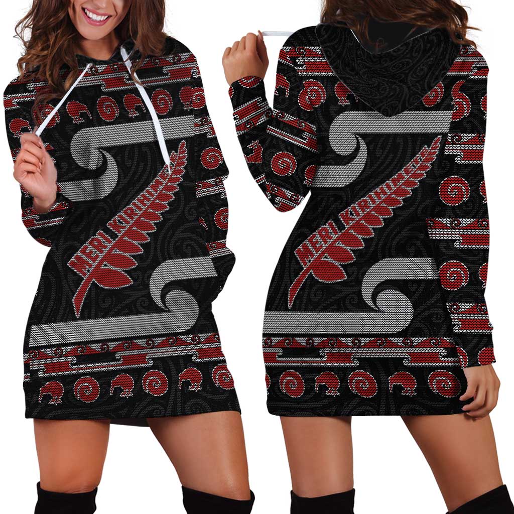 New Zealand Christmas Hoodie Dress Meri Kirihimete Silver Fern Knit Style Red Color LT03 - Polynesian Pride