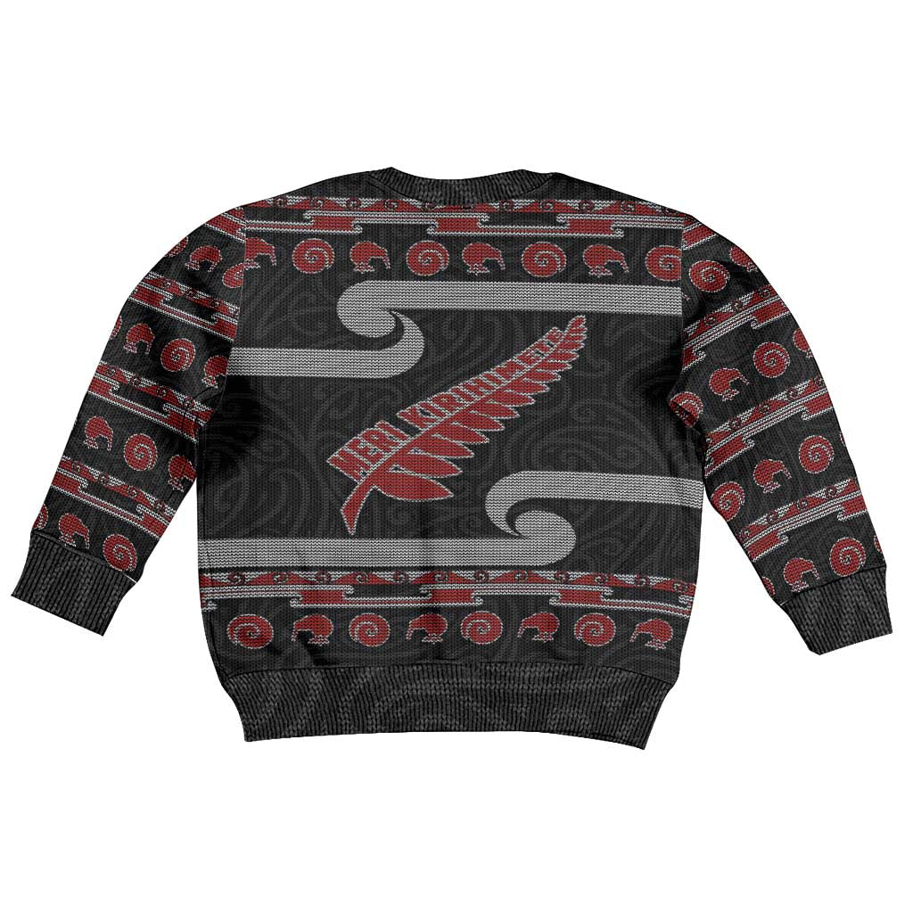 New Zealand Christmas Kid Ugly Christmas Sweater Meri Kirihimete Silver Fern Knit Style Red Color LT03 - Polynesian Pride