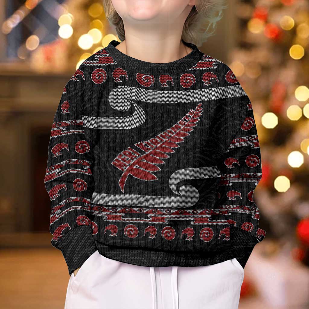 New Zealand Christmas Kid Ugly Christmas Sweater Meri Kirihimete Silver Fern Knit Style Red Color LT03 - Polynesian Pride