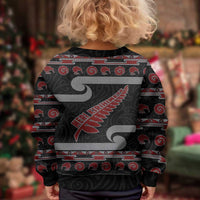 New Zealand Christmas Kid Ugly Christmas Sweater Meri Kirihimete Silver Fern Knit Style Red Color LT03 - Polynesian Pride