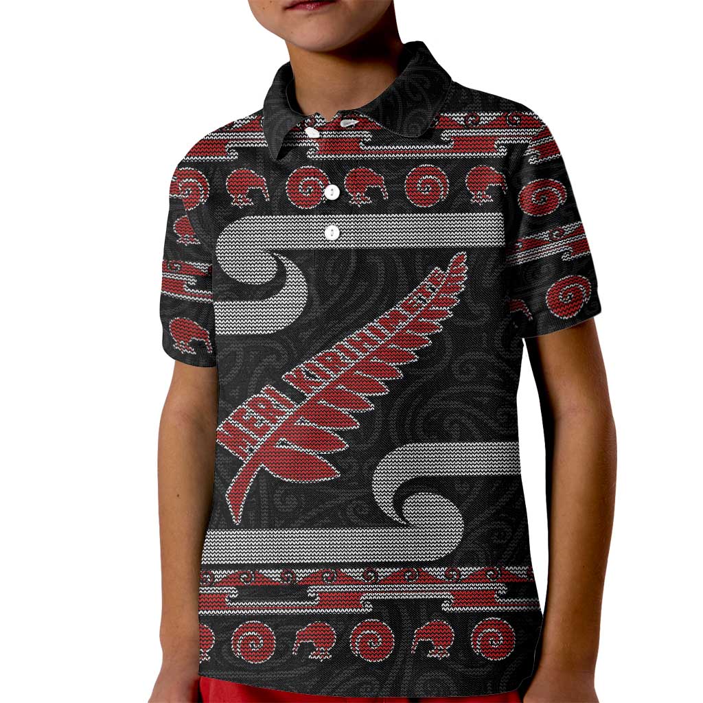 New Zealand Christmas Kid Polo Shirt Meri Kirihimete Silver Fern Knit Style Red Color LT03 Kid Red - Polynesian Pride