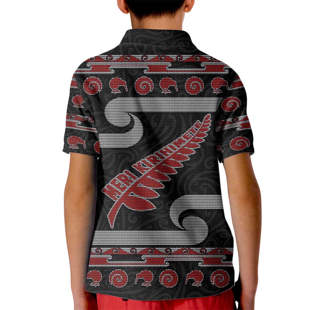 New Zealand Christmas Kid Polo Shirt Meri Kirihimete Silver Fern Knit Style Red Color LT03 - Polynesian Pride