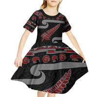 New Zealand Christmas Kid Short Sleeve Dress Meri Kirihimete Silver Fern Knit Style Red Color LT03 - Polynesian Pride