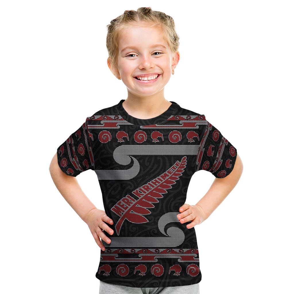 New Zealand Christmas Kid T Shirt Meri Kirihimete Silver Fern Knit Style Red Color LT03 Red - Polynesian Pride