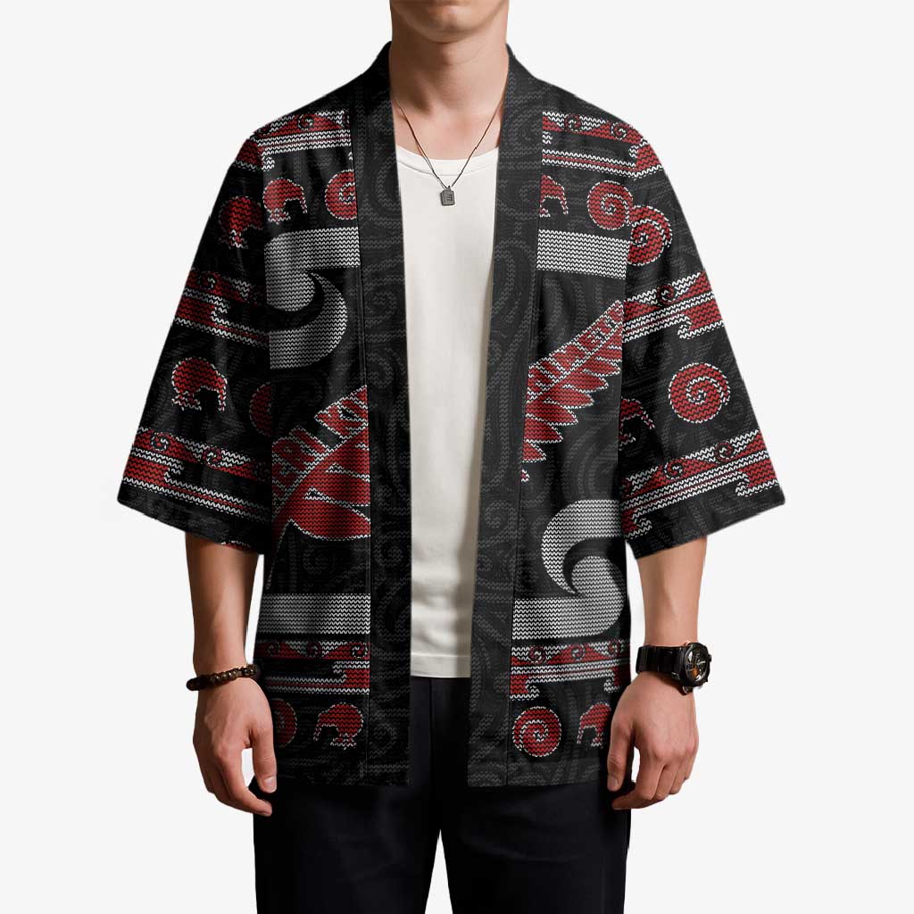 New Zealand Christmas Kimono Meri Kirihimete Silver Fern Knit Style Red Color - Polynesian Pride