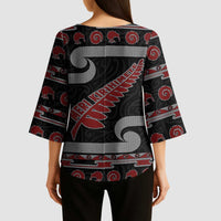 New Zealand Christmas Kimono Sleeve Blouse Meri Kirihimete Silver Fern Knit Style Red Color - Polynesian Pride