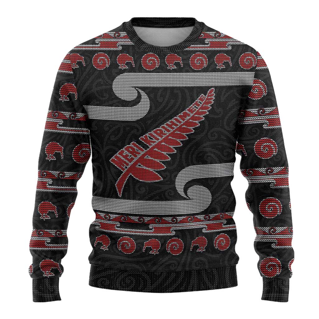 New Zealand Christmas Ugly Christmas Sweater Meri Kirihimete Silver Fern Knit Style Red Color LT03 - Polynesian Pride