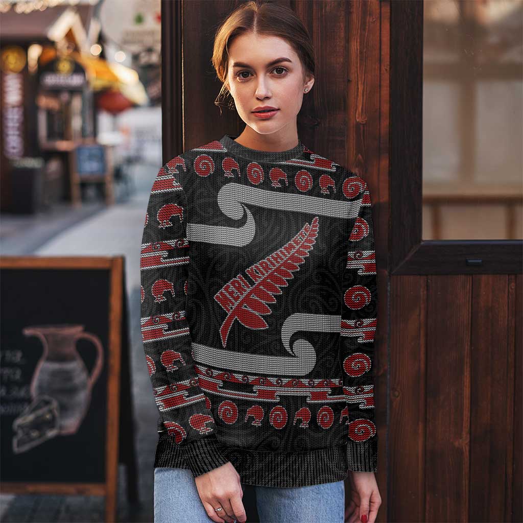 New Zealand Christmas Ugly Christmas Sweater Meri Kirihimete Silver Fern Knit Style Red Color LT03 - Polynesian Pride