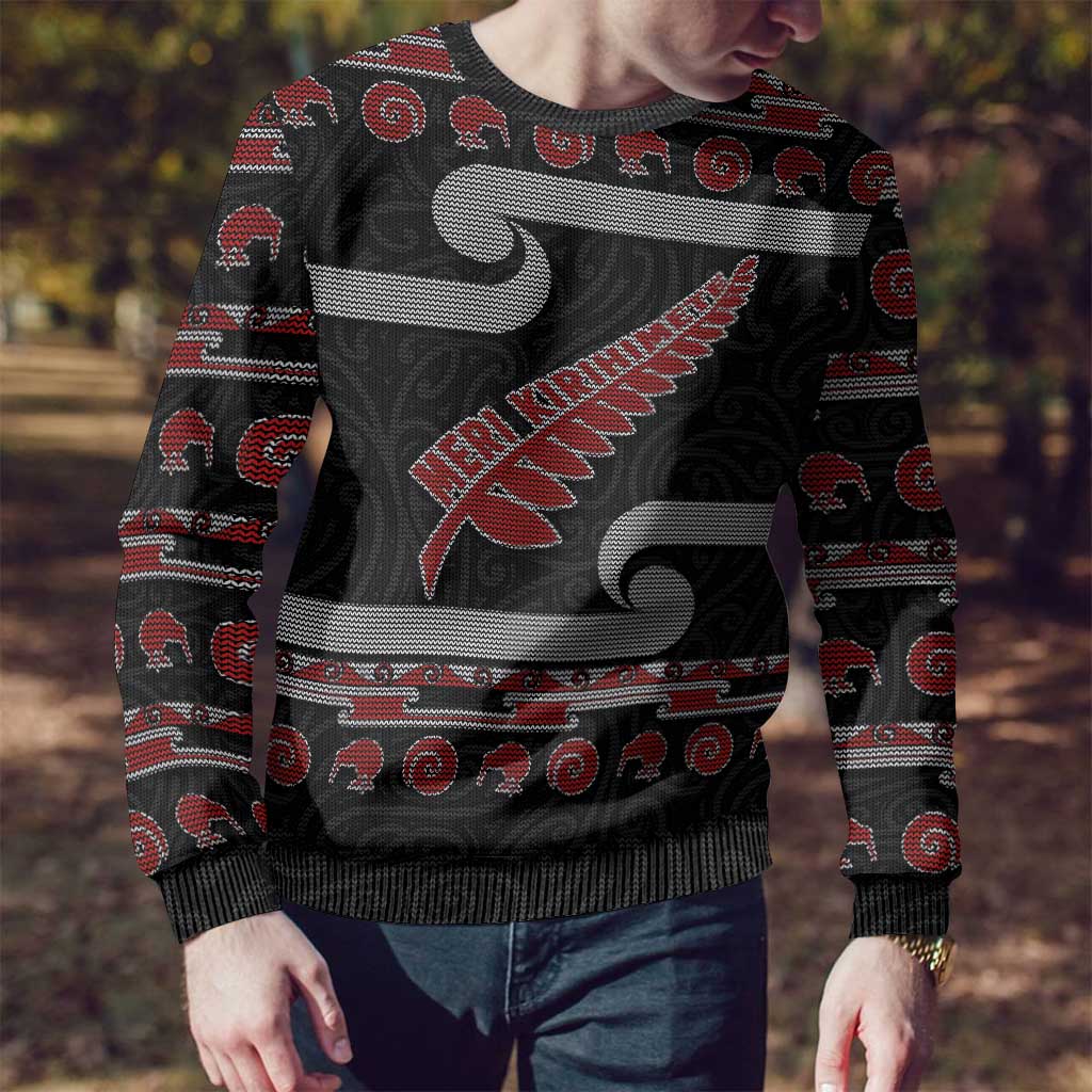 New Zealand Christmas Ugly Christmas Sweater Meri Kirihimete Silver Fern Knit Style Red Color LT03 - Polynesian Pride