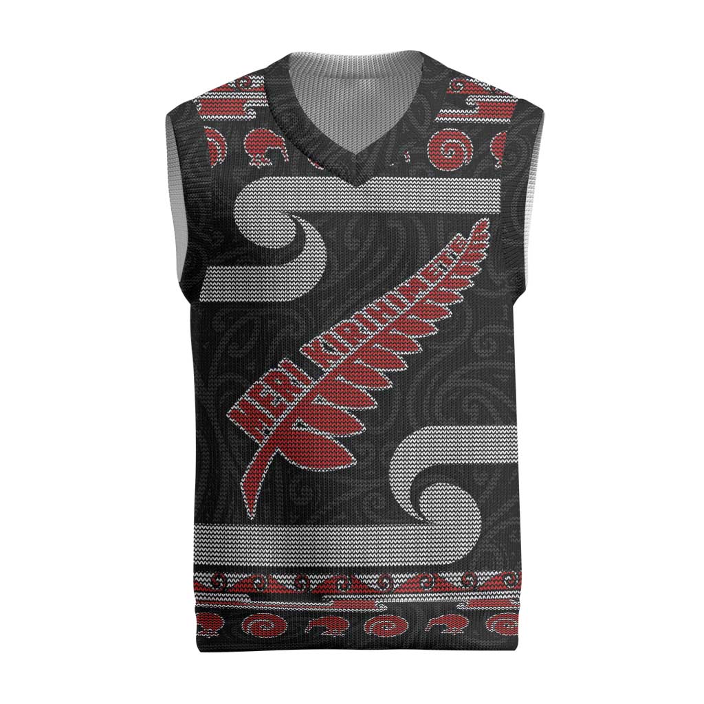 New Zealand Christmas Knitted V-Neck Vest Meri Kirihimete Silver Fern Knit Style Red Color LT03 Red - Polynesian Pride