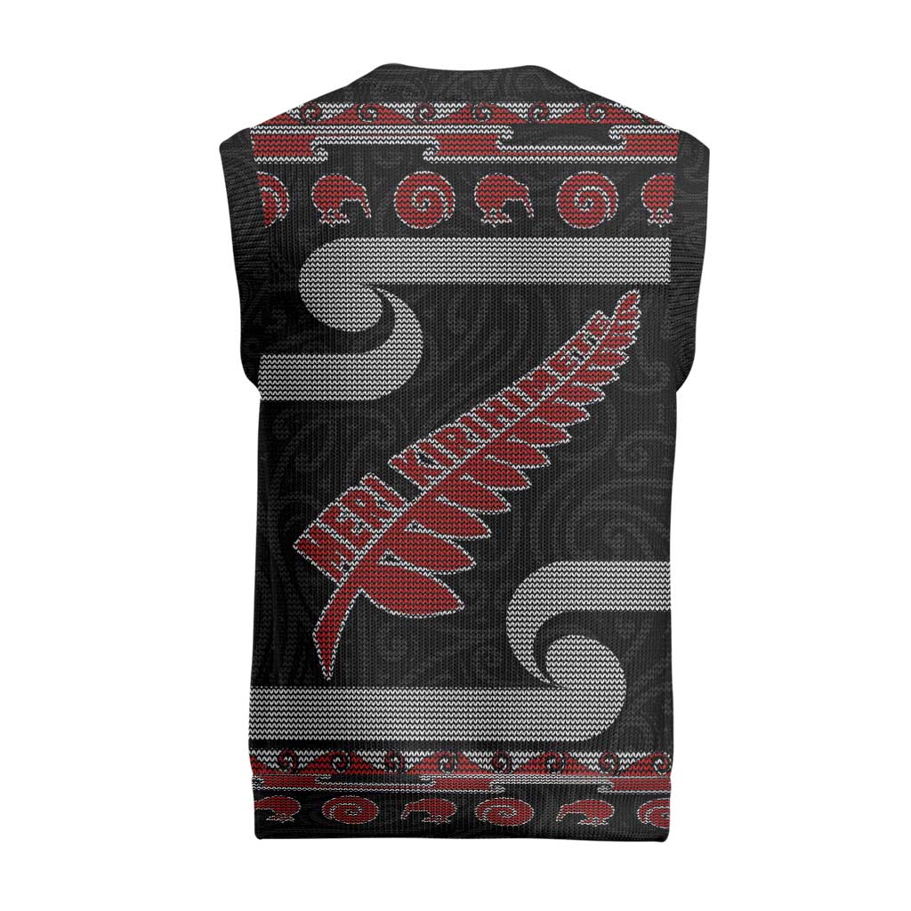 New Zealand Christmas Knitted V-Neck Vest Meri Kirihimete Silver Fern Knit Style Red Color LT03 - Polynesian Pride