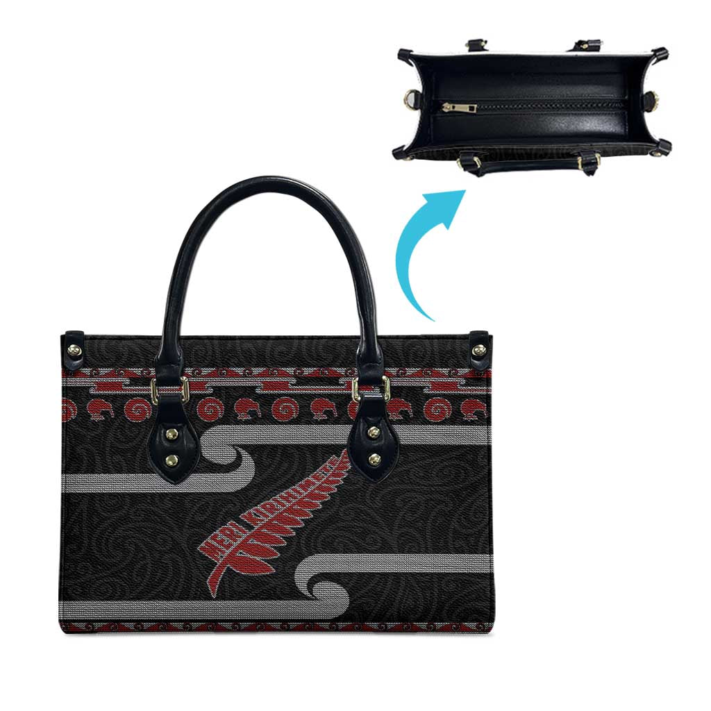 New Zealand Christmas Leather Bag Meri Kirihimete Silver Fern Knit Style Red Color - Polynesian Pride