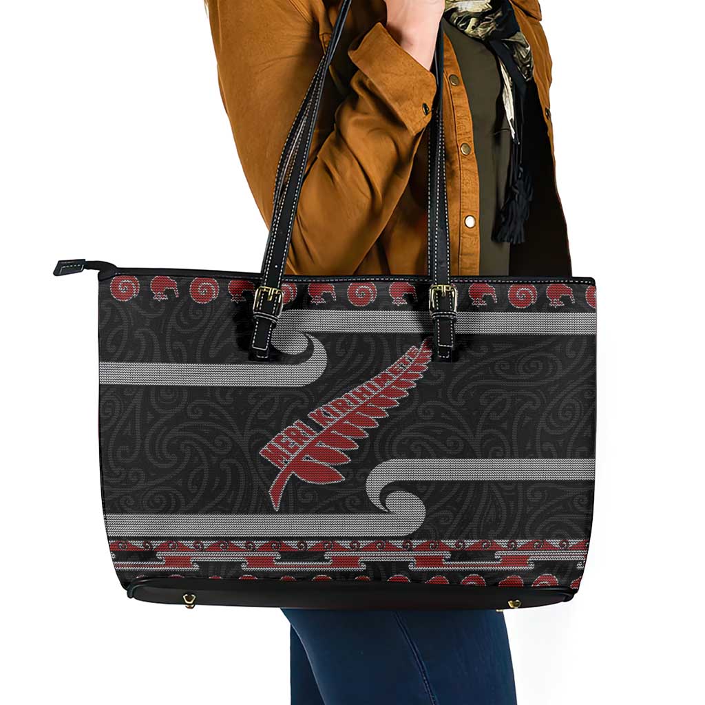 New Zealand Christmas Leather Tote Bag Meri Kirihimete Silver Fern Knit Style Red Color LT03 - Polynesian Pride