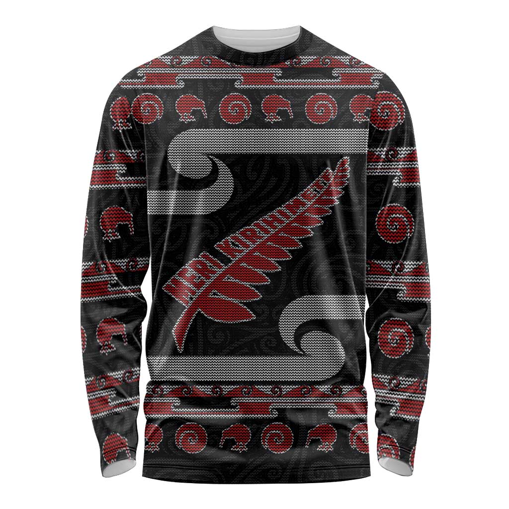 New Zealand Christmas Long Sleeve Shirt Meri Kirihimete Silver Fern Knit Style Red Color - Polynesian Pride