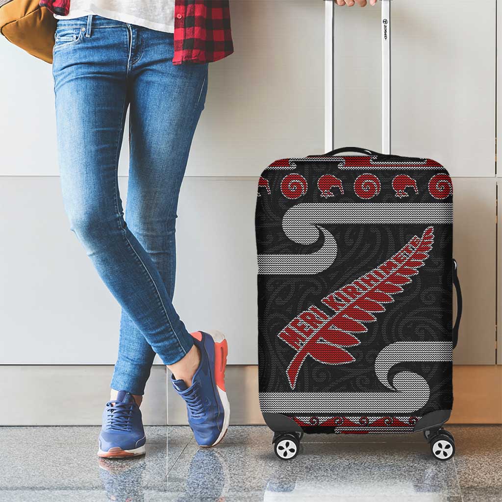 New Zealand Christmas Luggage Cover Meri Kirihimete Silver Fern Knit Style Red Color LT03 - Polynesian Pride