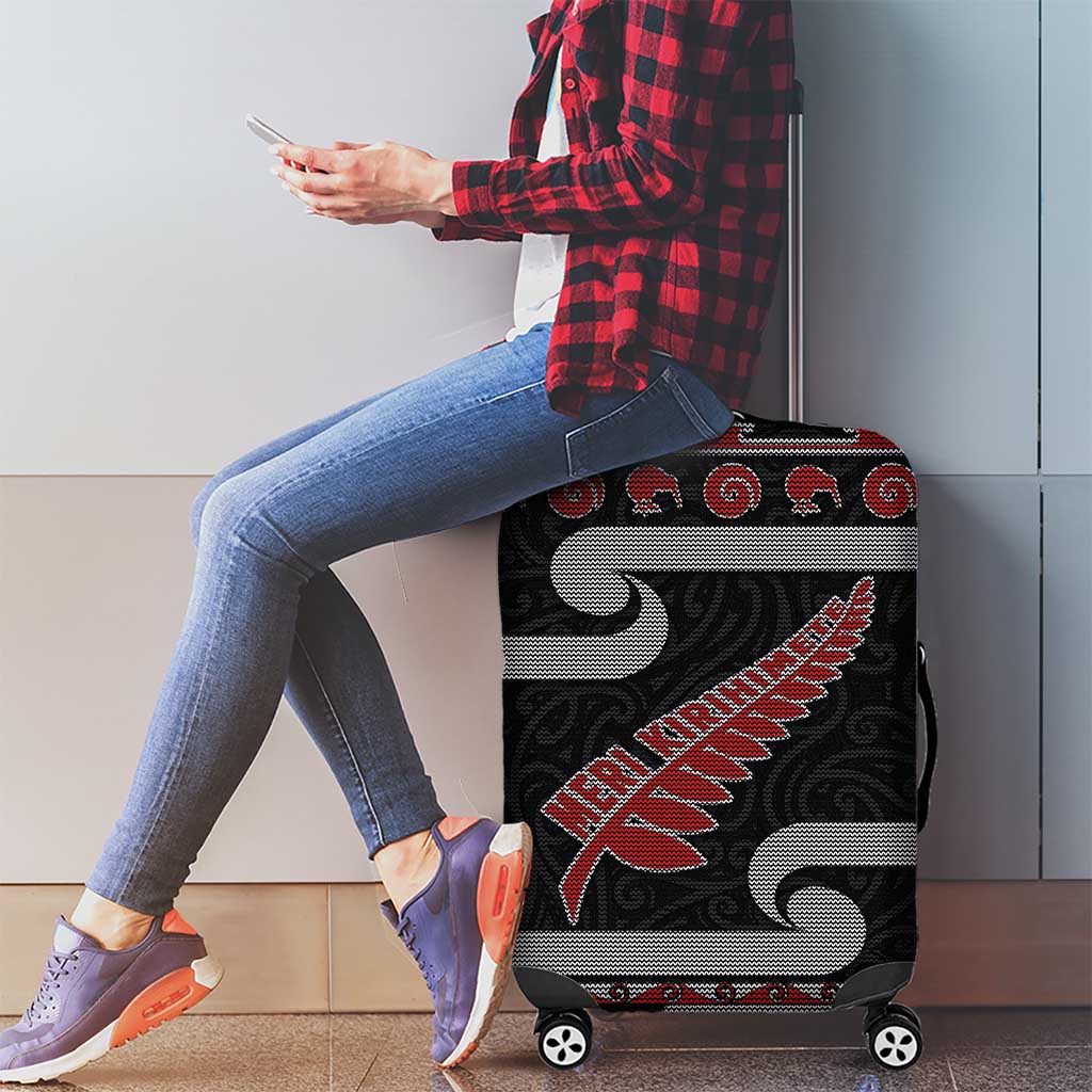 New Zealand Christmas Luggage Cover Meri Kirihimete Silver Fern Knit Style Red Color LT03 - Polynesian Pride