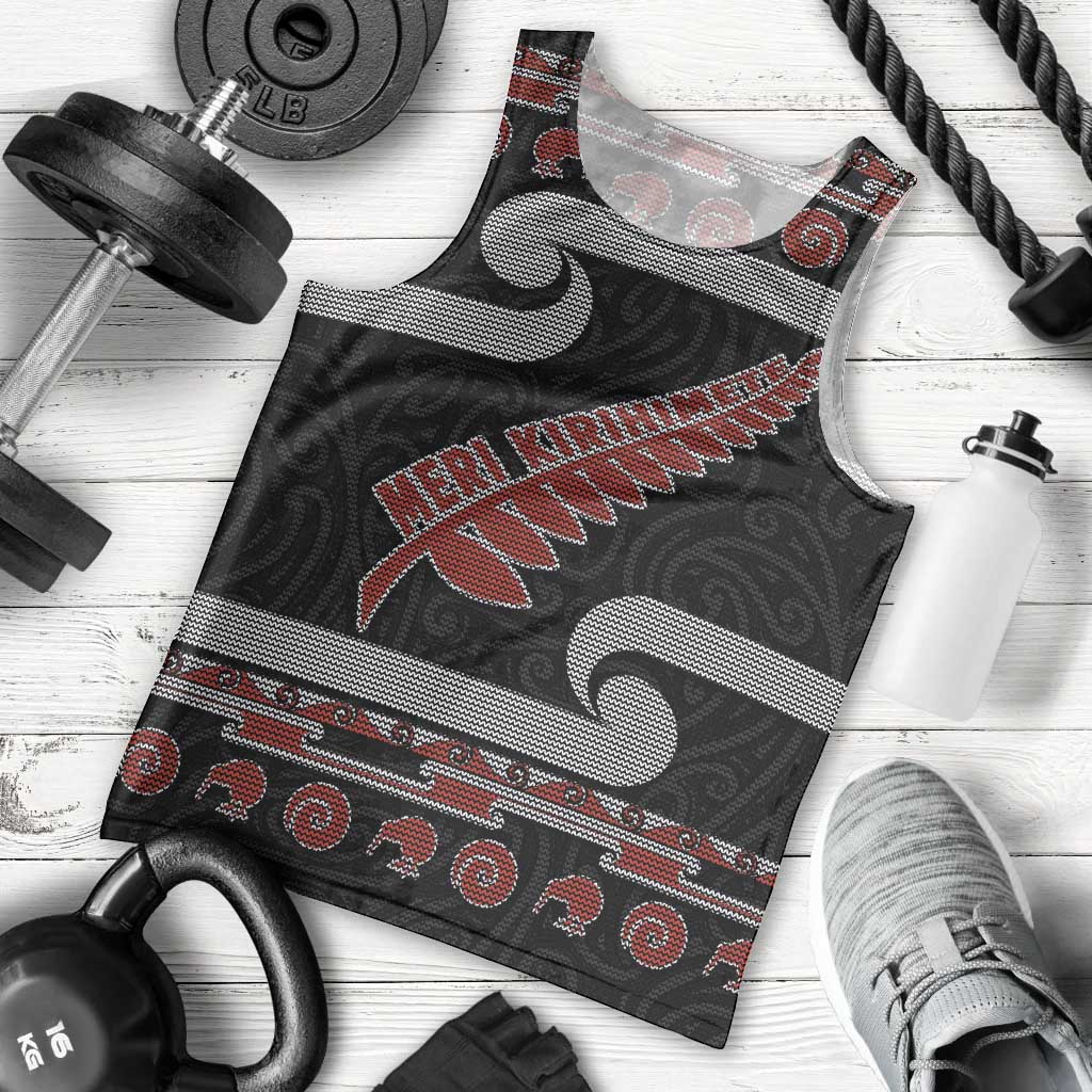 New Zealand Christmas Men Tank Top Meri Kirihimete Silver Fern Knit Style Red Color LT03 - Polynesian Pride
