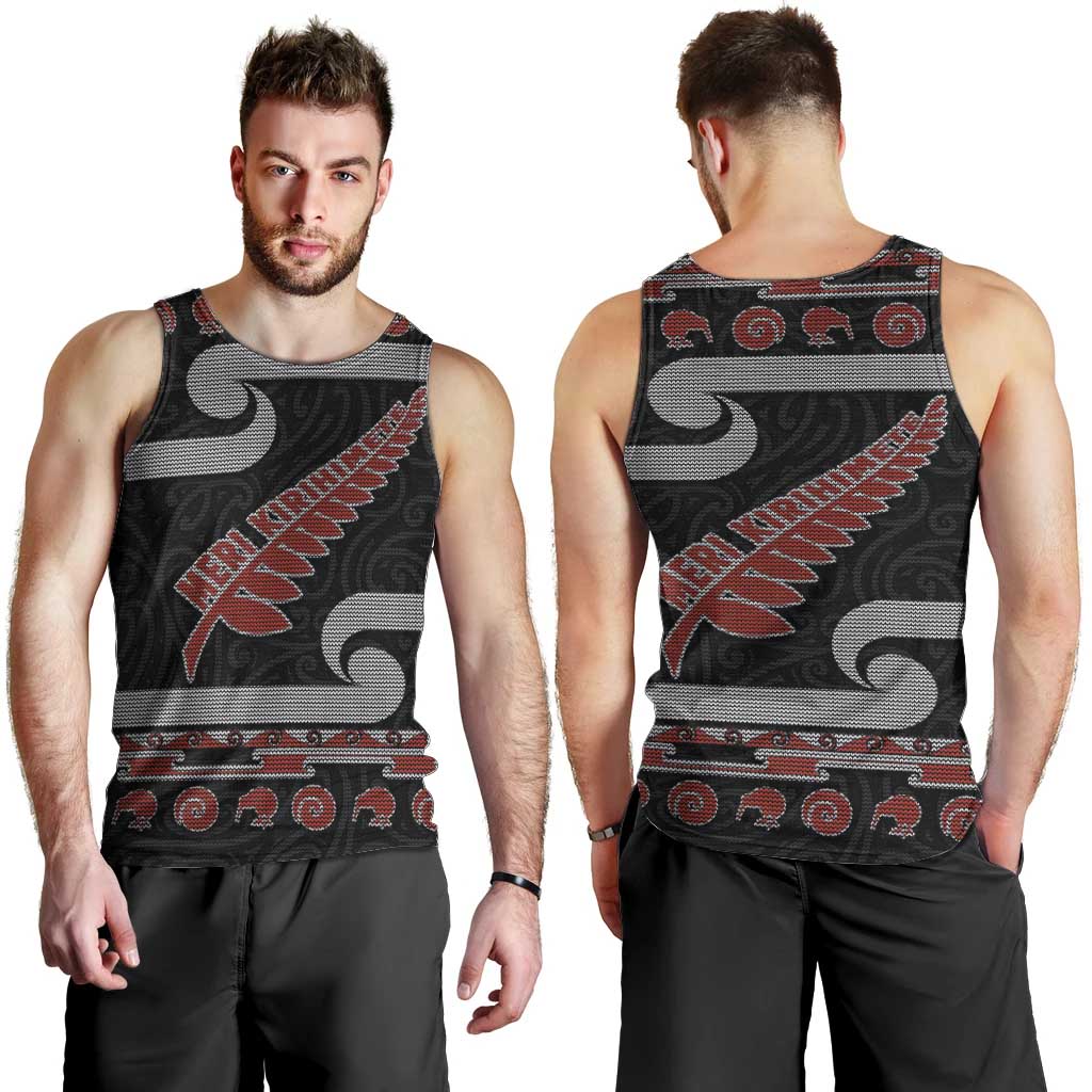 New Zealand Christmas Men Tank Top Meri Kirihimete Silver Fern Knit Style Red Color LT03 - Polynesian Pride
